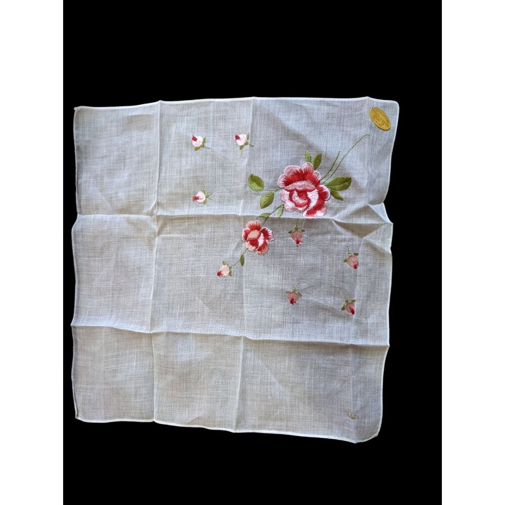 Vintage Swiss Handkerchief White Cotton Embroidered Pink Red Roses RN 14750 11in
